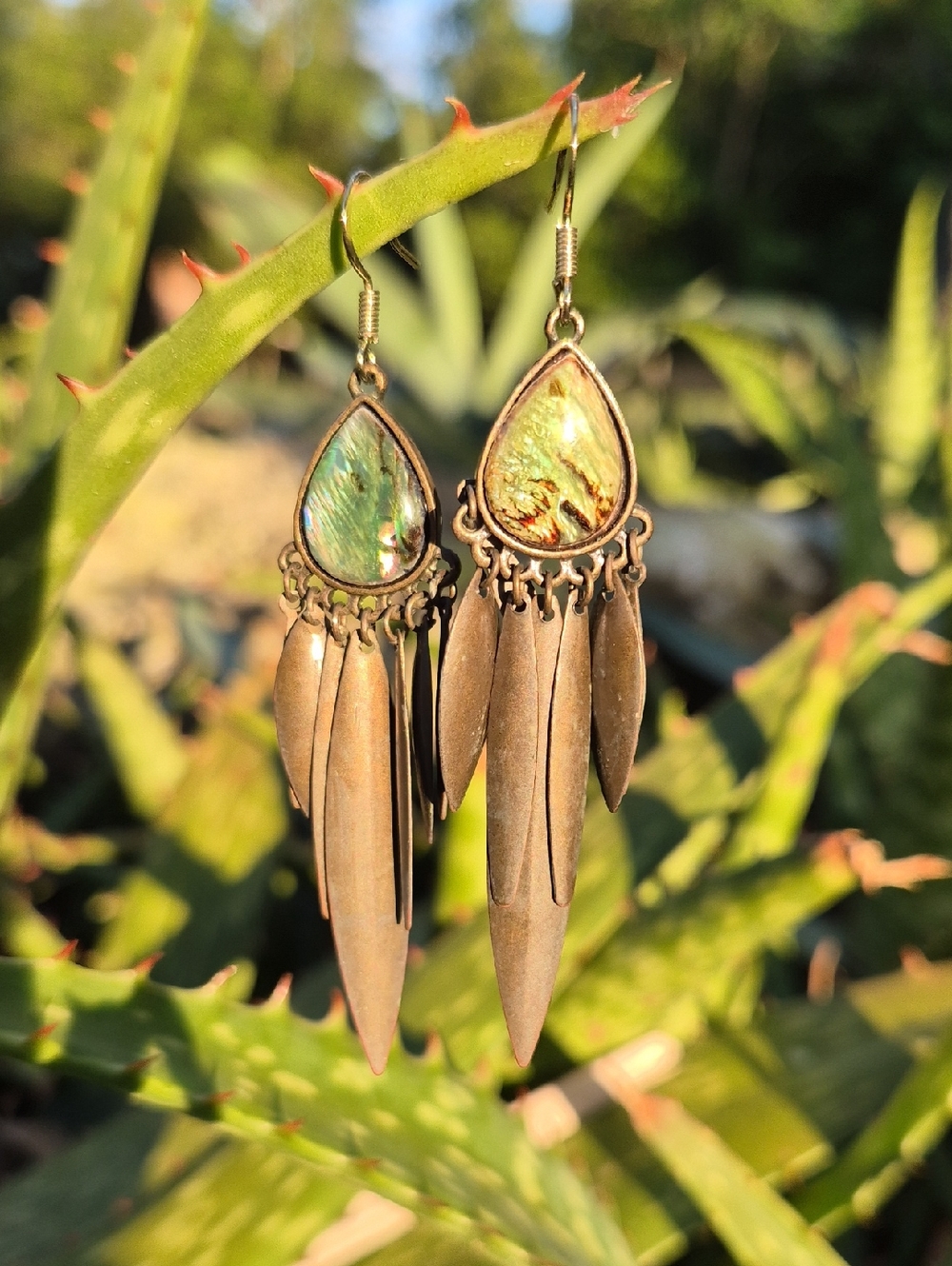 Spectacular Bronze With Outstanding Green Stone Dangle Earrings